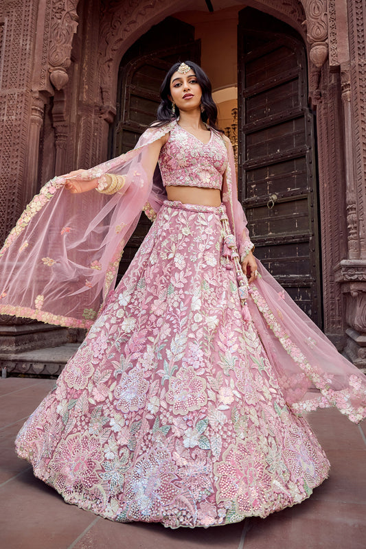Elegant Dusty Pink Net Embroidered Wedding Lehenga Choli with Floral Sequins Work