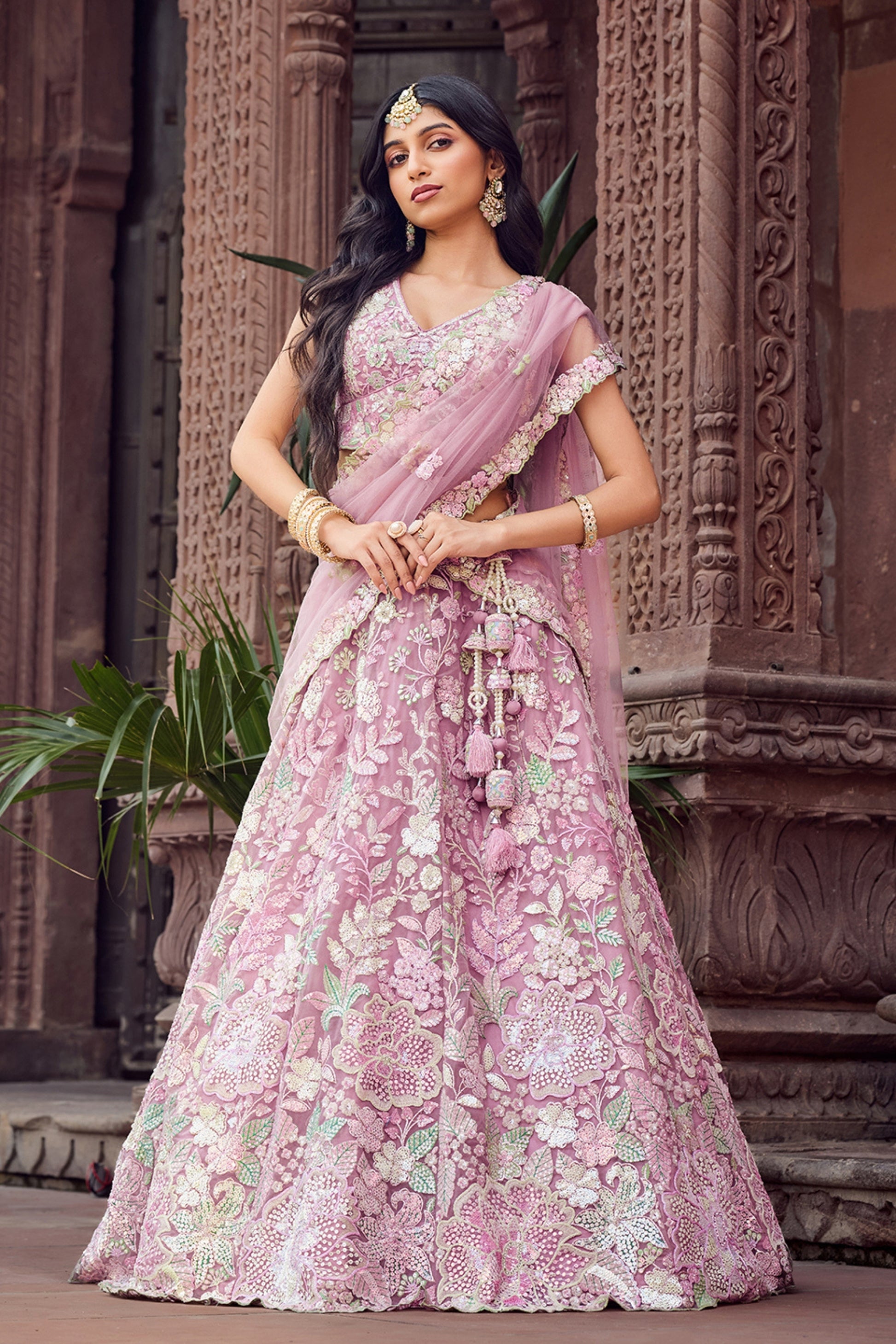 Elegant Dusty Pink Net Embroidered Wedding Lehenga Choli with Floral Sequins Work