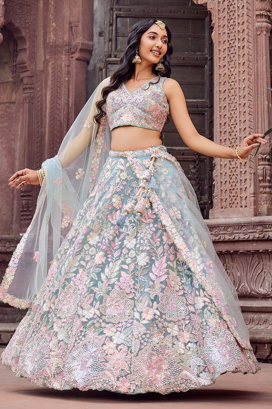 Stylish Turquoise Blue Net Embroidered Wedding Lehenga Choli with Floral Sequins Work