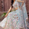 Stylish Turquoise Blue Net Embroidered Wedding Lehenga Choli with Floral Sequins Work