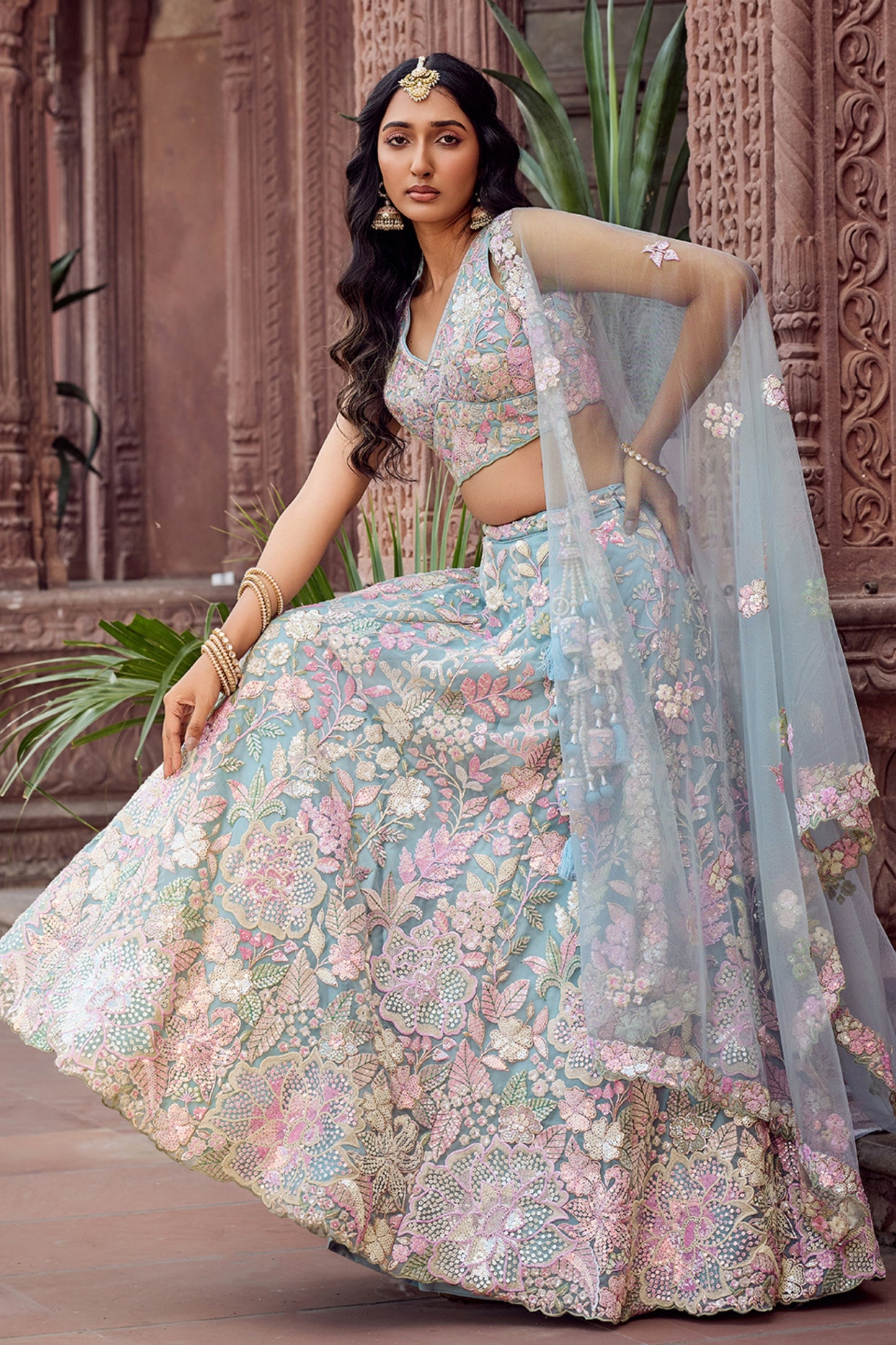 Stylish Turquoise Blue Net Embroidered Wedding Lehenga Choli with Floral Sequins Work