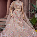 Gorgeous Beige Net Embroidered Wedding Lehenga Choli with Floral Sequins Work