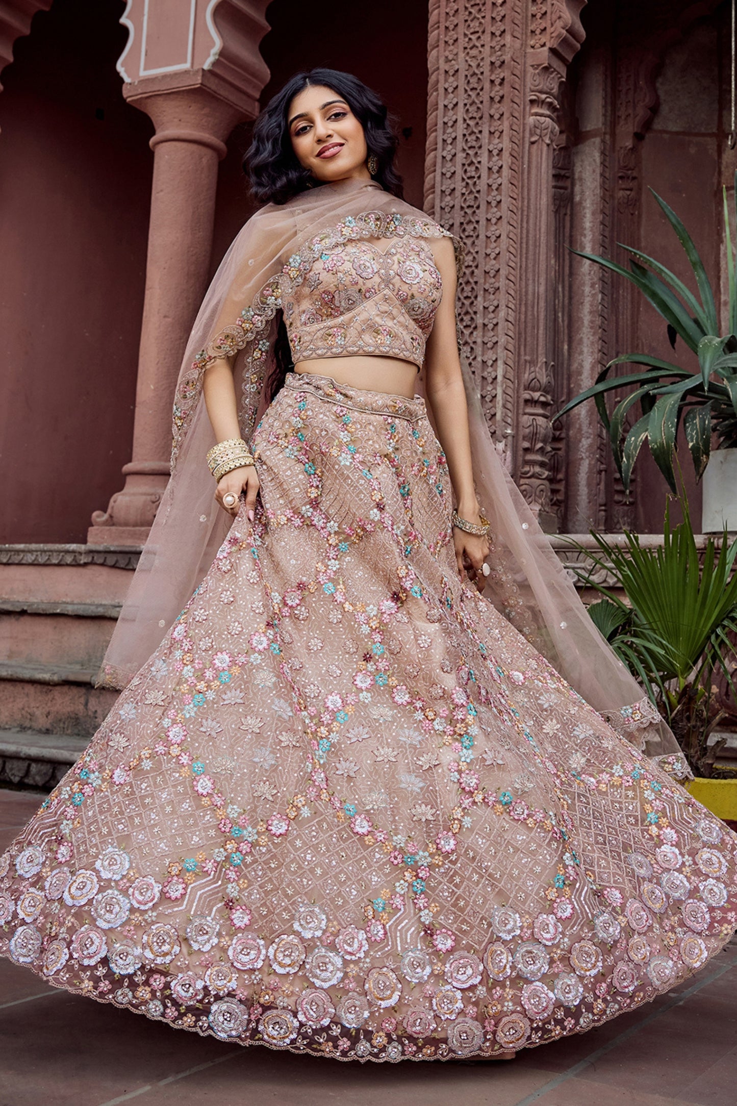 Gorgeous Beige Net Embroidered Wedding Lehenga Choli with Floral Sequins Work