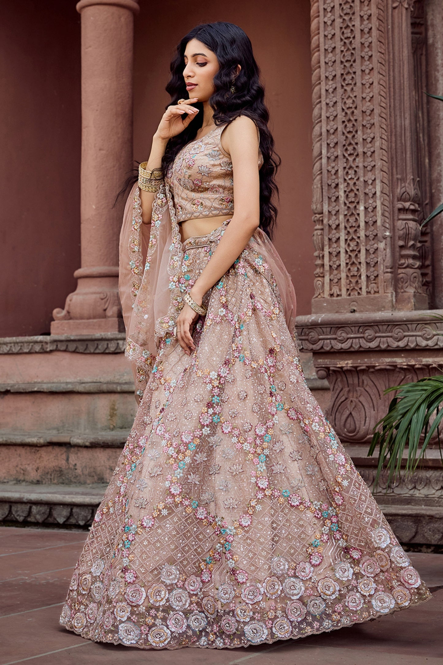 Gorgeous Beige Net Embroidered Wedding Lehenga Choli with Floral Sequins Work