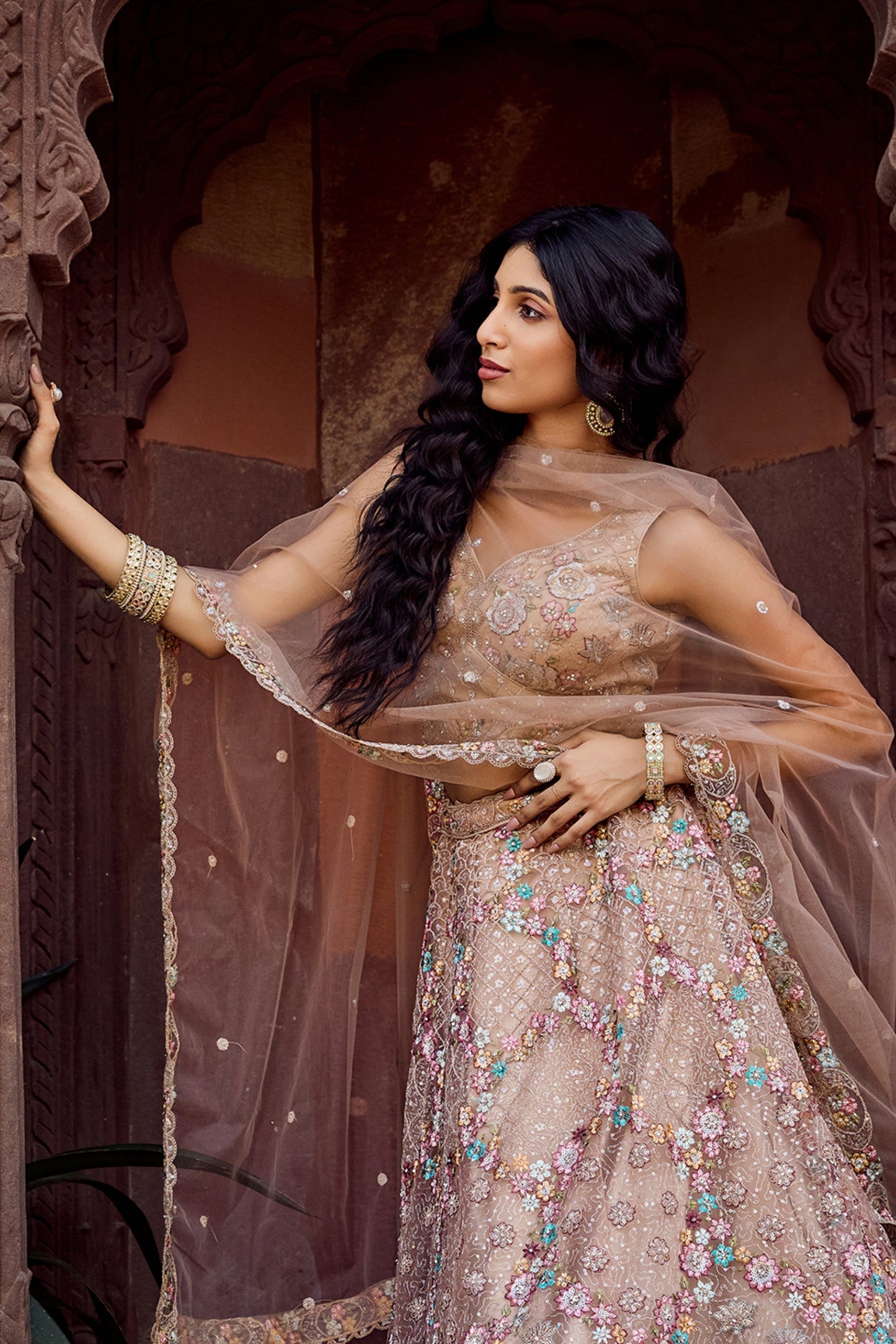Gorgeous Beige Net Embroidered Wedding Lehenga Choli with Floral Sequins Work