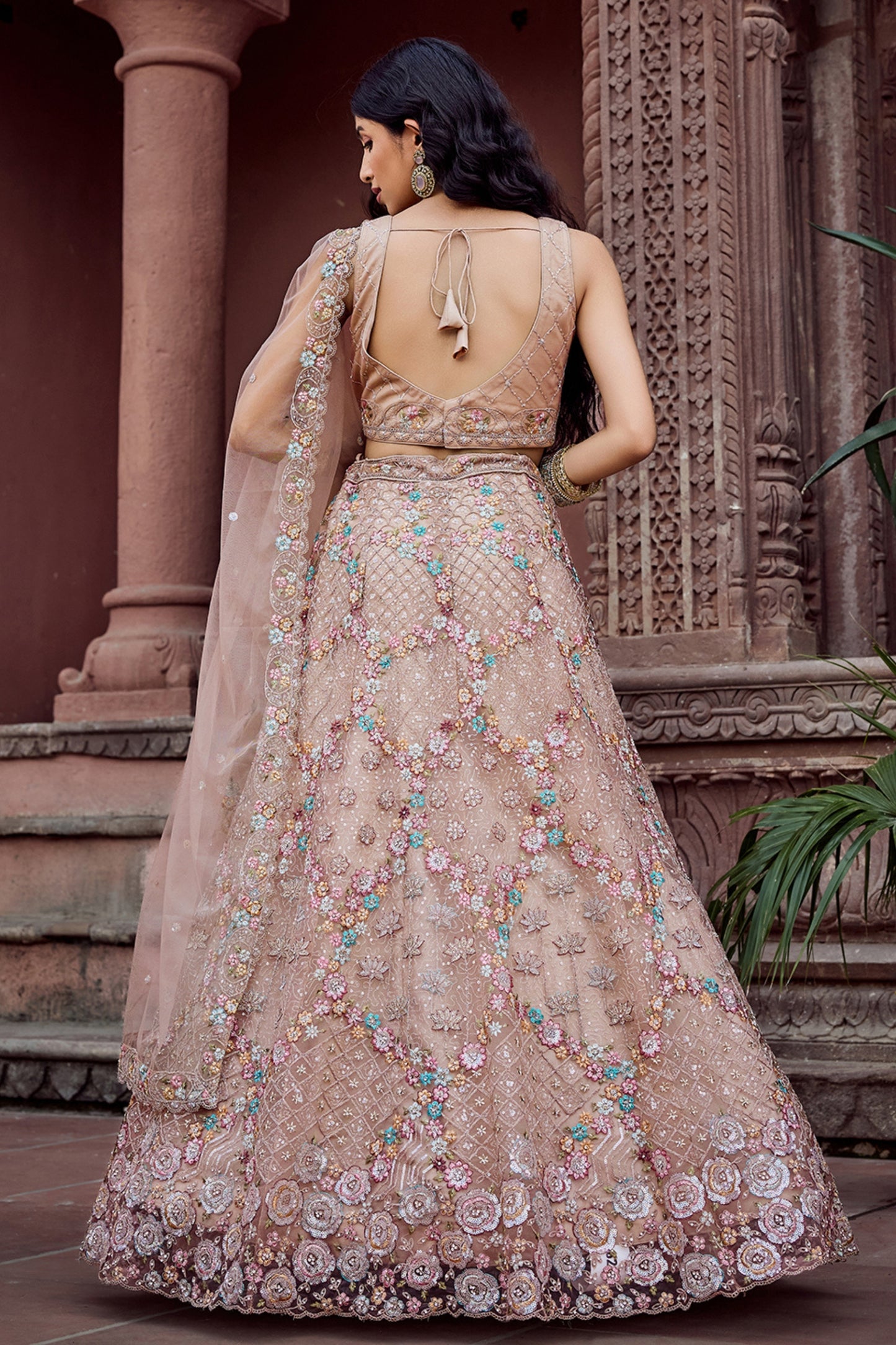 Gorgeous Beige Net Embroidered Wedding Lehenga Choli with Floral Sequins Work