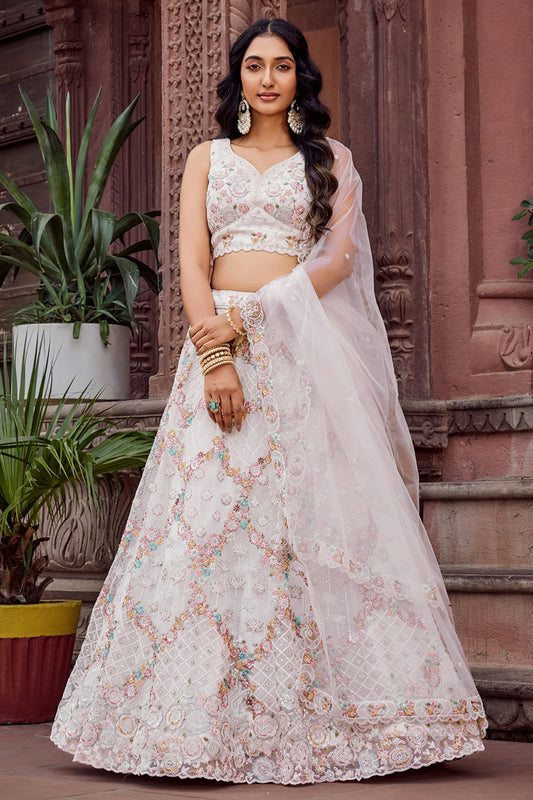 Trendy Cream Net Embroidered Wedding Lehenga Choli with Floral Sequins Work