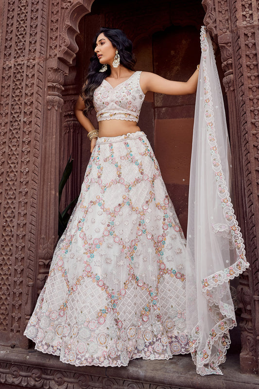 Trendy Cream Net Embroidered Wedding Lehenga Choli with Floral Sequins Work