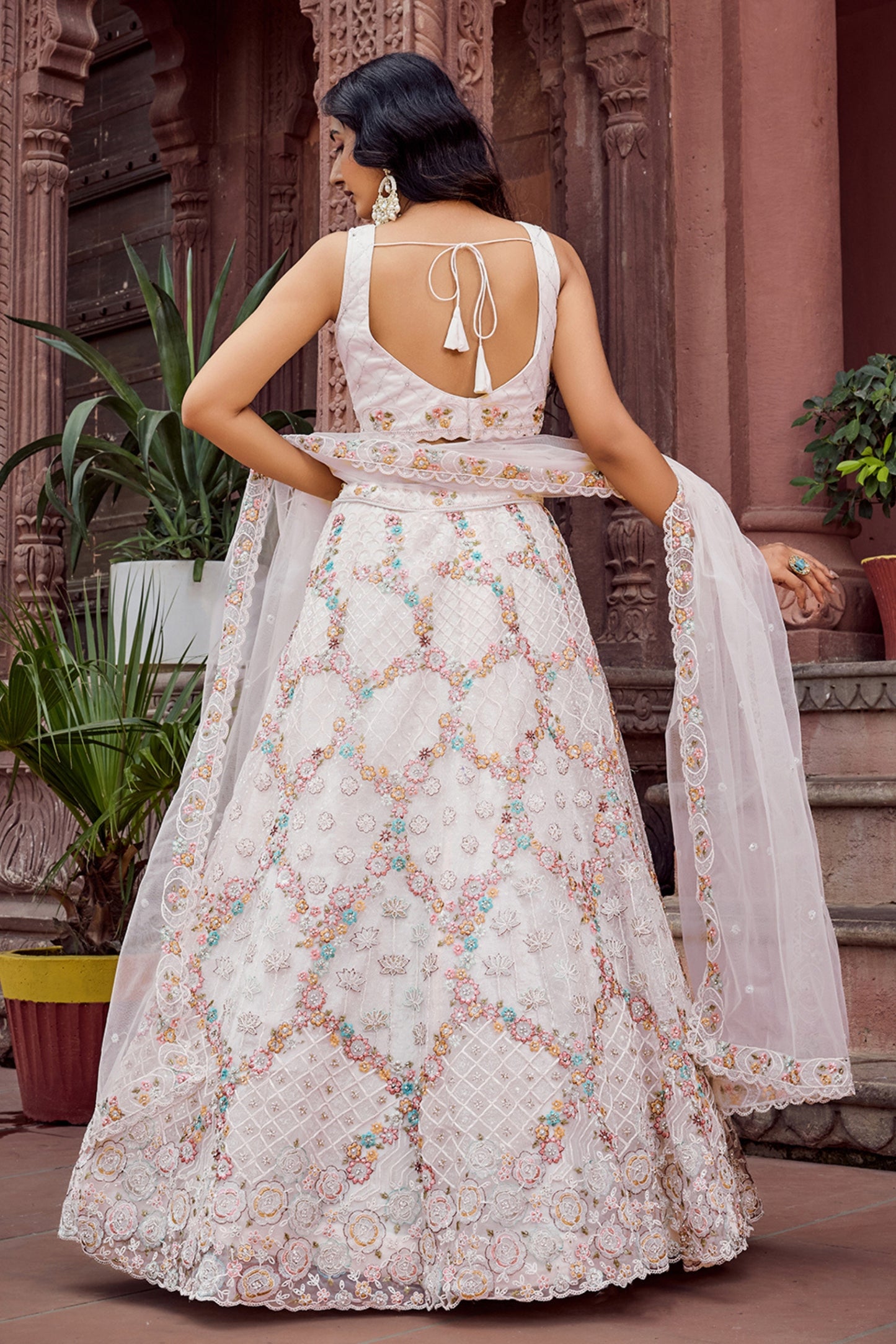 Trendy Cream Net Embroidered Wedding Lehenga Choli with Floral Sequins Work