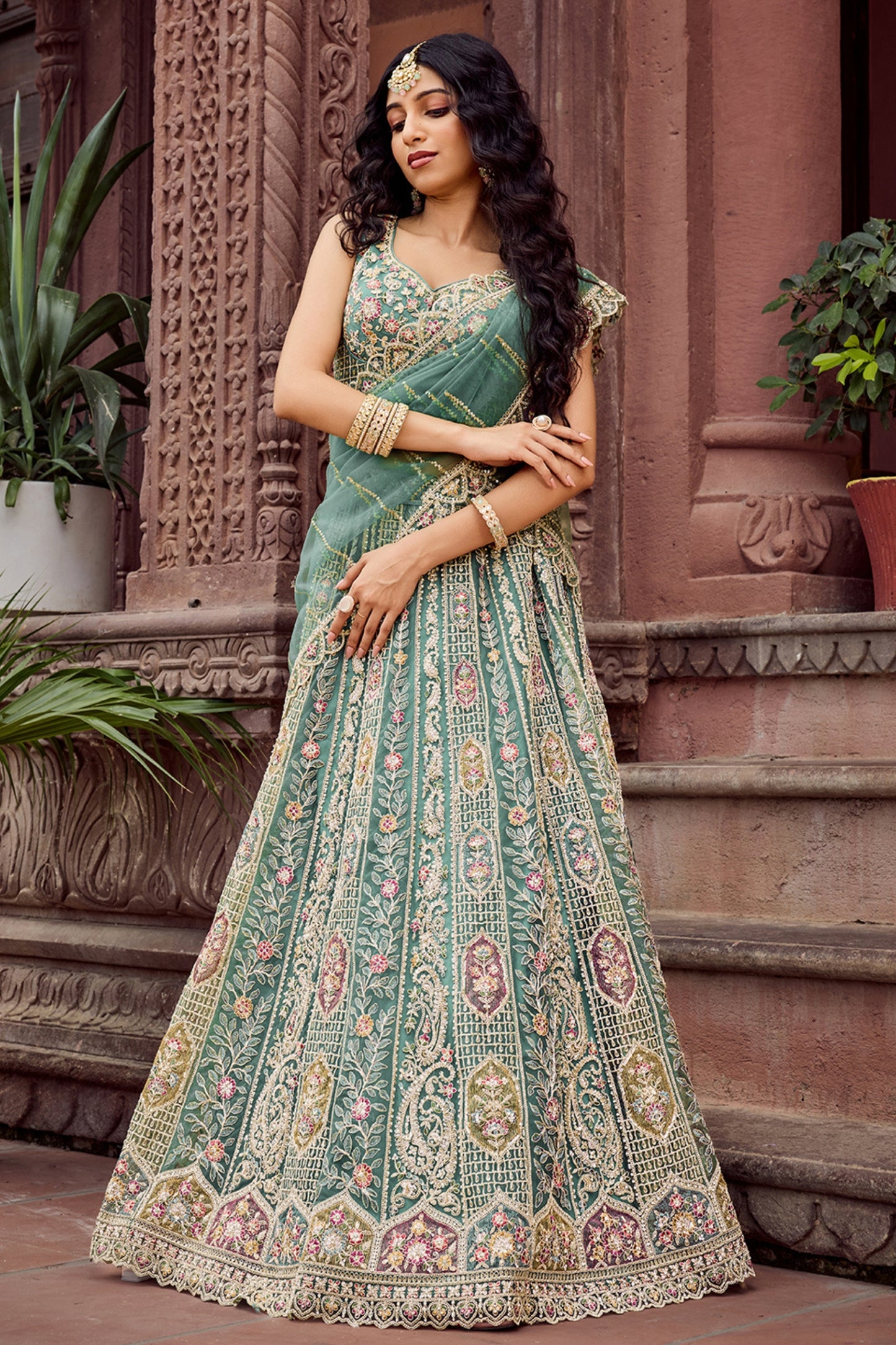 Royal Green Net Embroidered Wedding Lehenga Choli with Heavy Floral Sequins Work