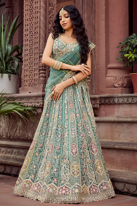 Royal Green Net Embroidered Wedding Lehenga Choli with Heavy Floral Sequins Work