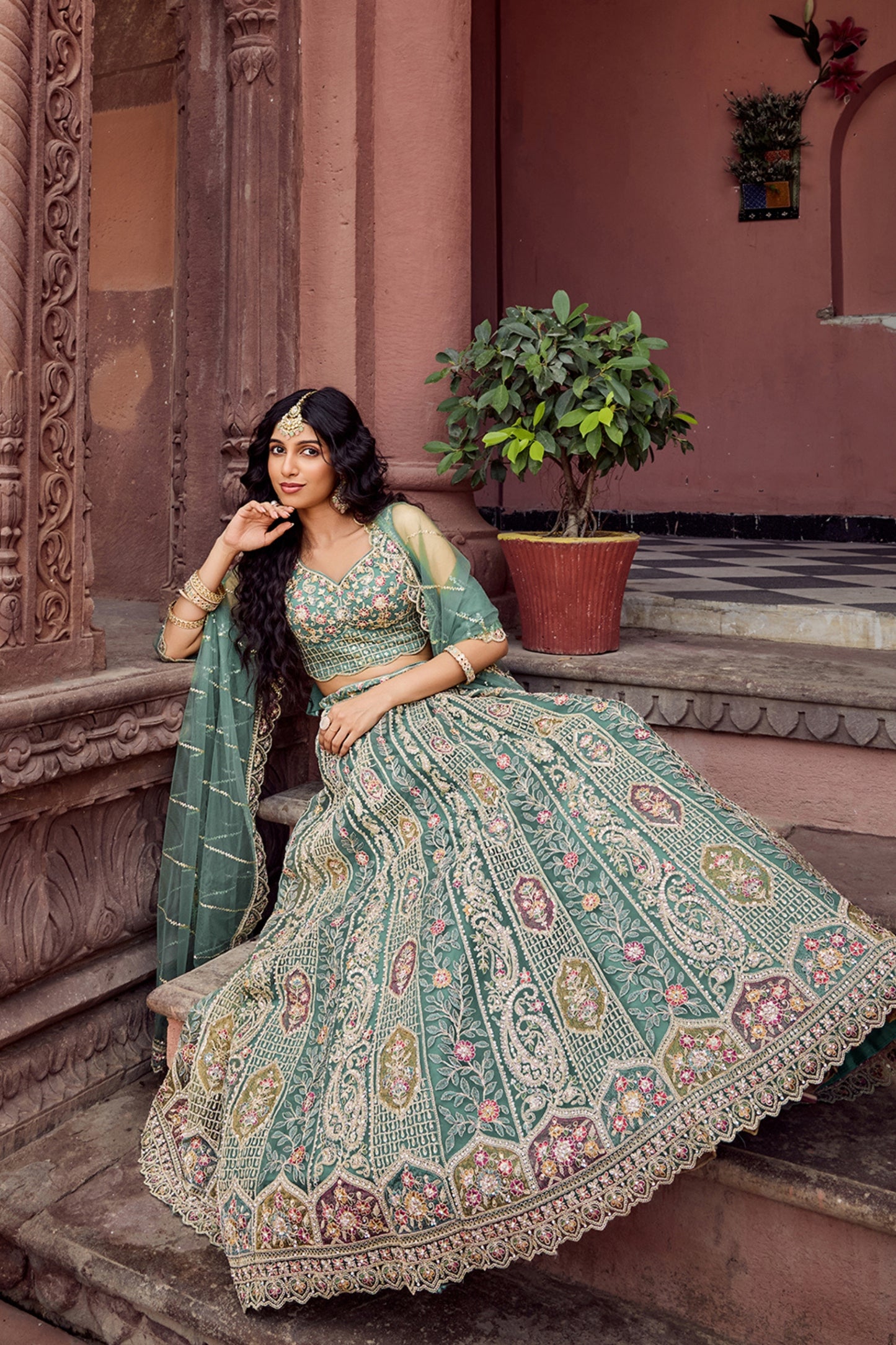Royal Green Net Embroidered Wedding Lehenga Choli with Heavy Floral Sequins Work