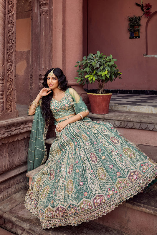 Royal Green Net Embroidered Wedding Lehenga Choli with Heavy Floral Sequins Work