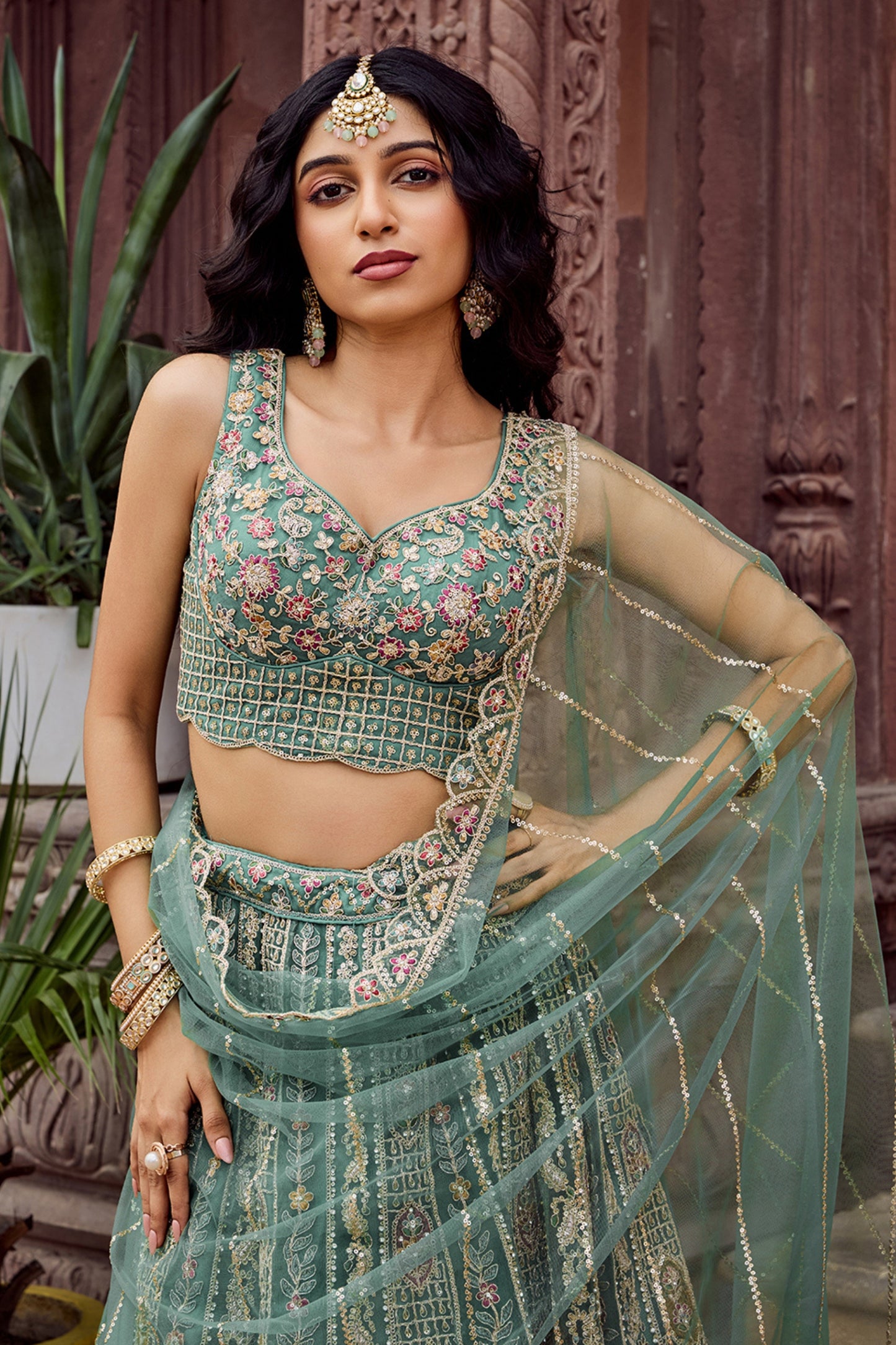Royal Green Net Embroidered Wedding Lehenga Choli with Heavy Floral Sequins Work