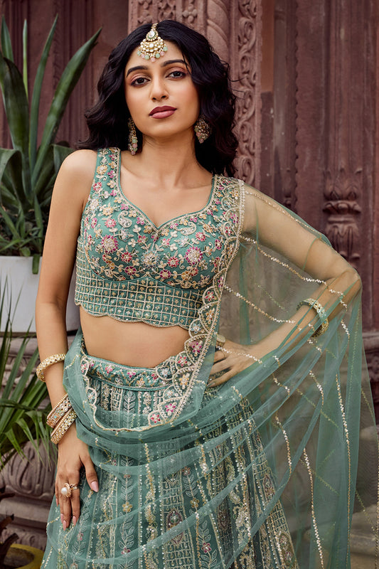Royal Green Net Embroidered Wedding Lehenga Choli with Heavy Floral Sequins Work