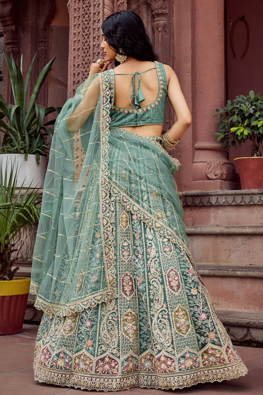 Royal Green Net Embroidered Wedding Lehenga Choli with Heavy Floral Sequins Work