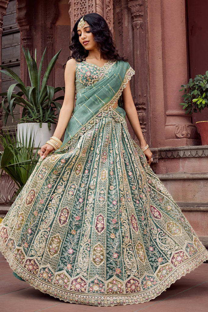 Royal Green Net Embroidered Wedding Lehenga Choli with Heavy Floral Sequins Work