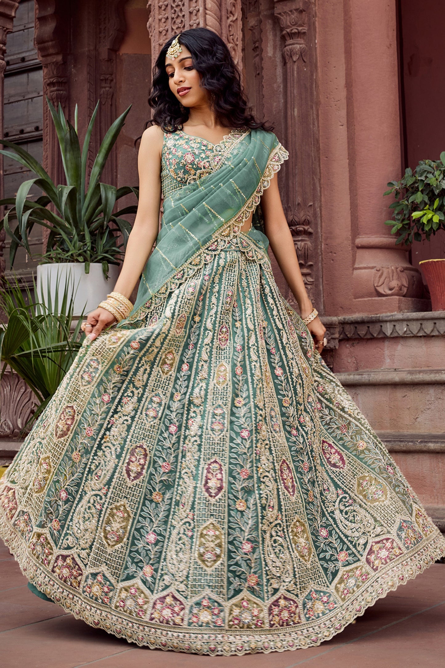 Royal Green Net Embroidered Wedding Lehenga Choli with Heavy Floral Sequins Work