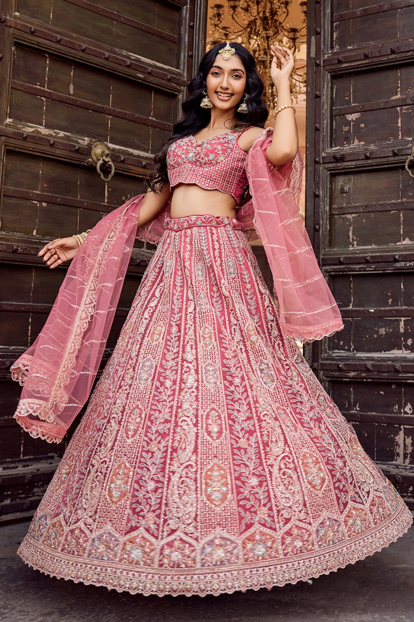 Stunning Pink Net Embroidered Wedding Lehenga Choli with Heavy Floral Sequins Work