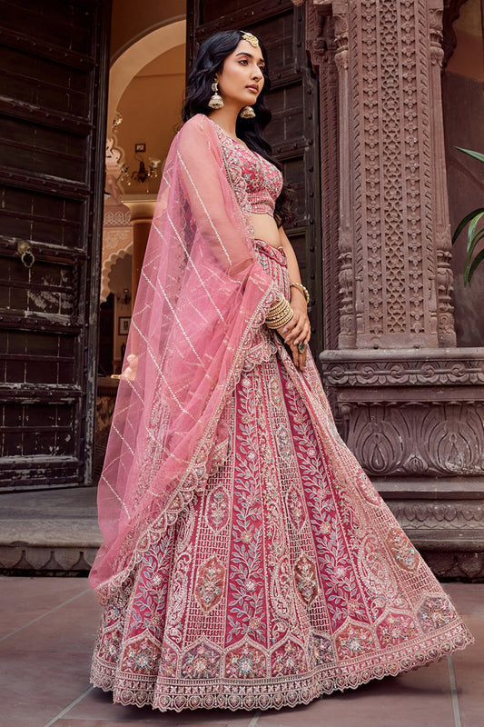 Stunning Pink Net Embroidered Wedding Lehenga Choli with Heavy Floral Sequins Work