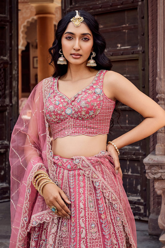 Stunning Pink Net Embroidered Wedding Lehenga Choli with Heavy Floral Sequins Work