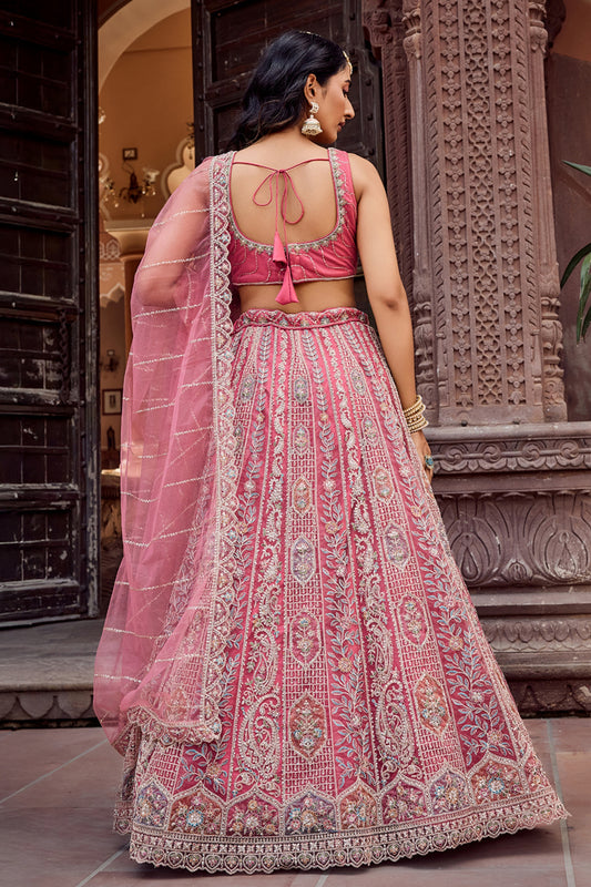 Stunning Pink Net Embroidered Wedding Lehenga Choli with Heavy Floral Sequins Work