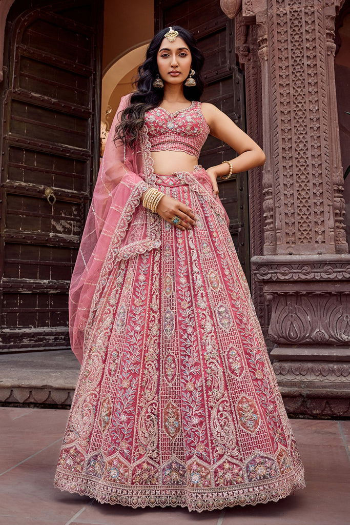 Stunning Pink Net Embroidered Wedding Lehenga Choli with Heavy Floral Sequins Work