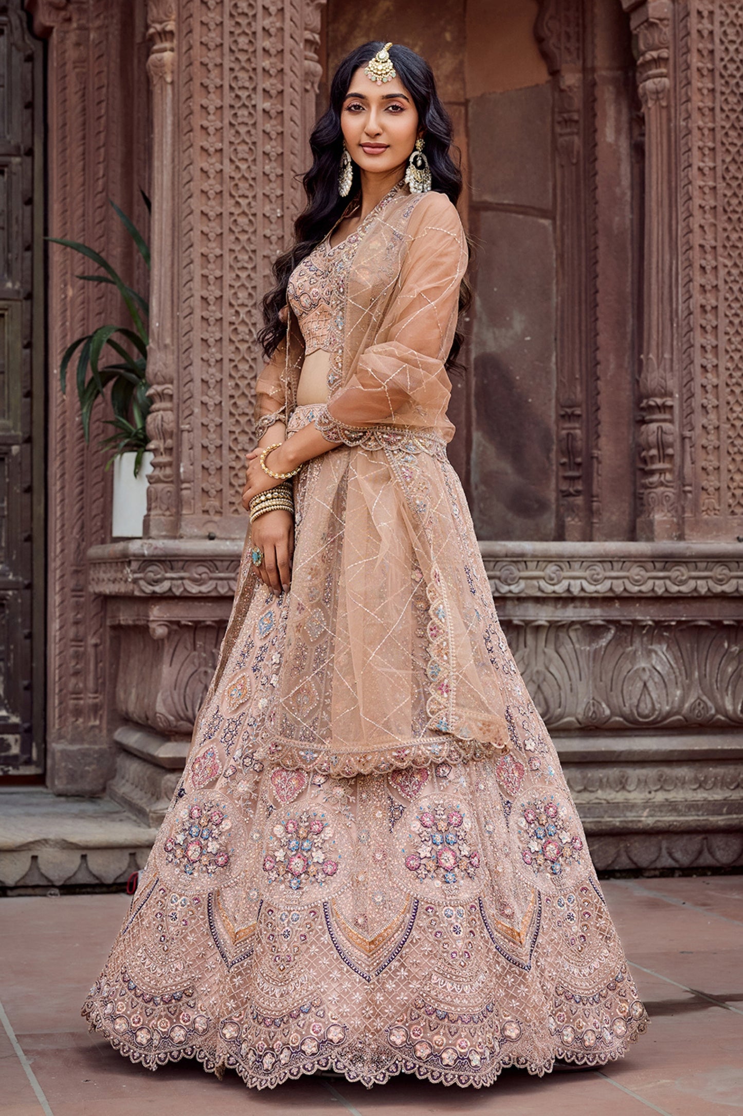 Designer Beige Net Embroidered Wedding Lehenga Choli with Heavy Sequins and Thread Work