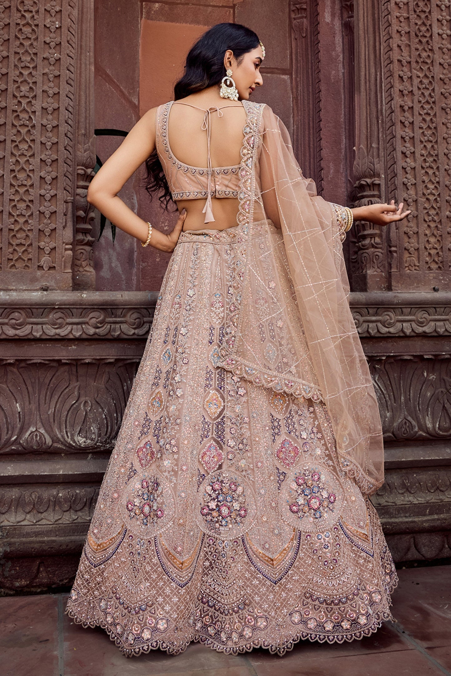 Designer Beige Net Embroidered Wedding Lehenga Choli with Heavy Sequins and Thread Work