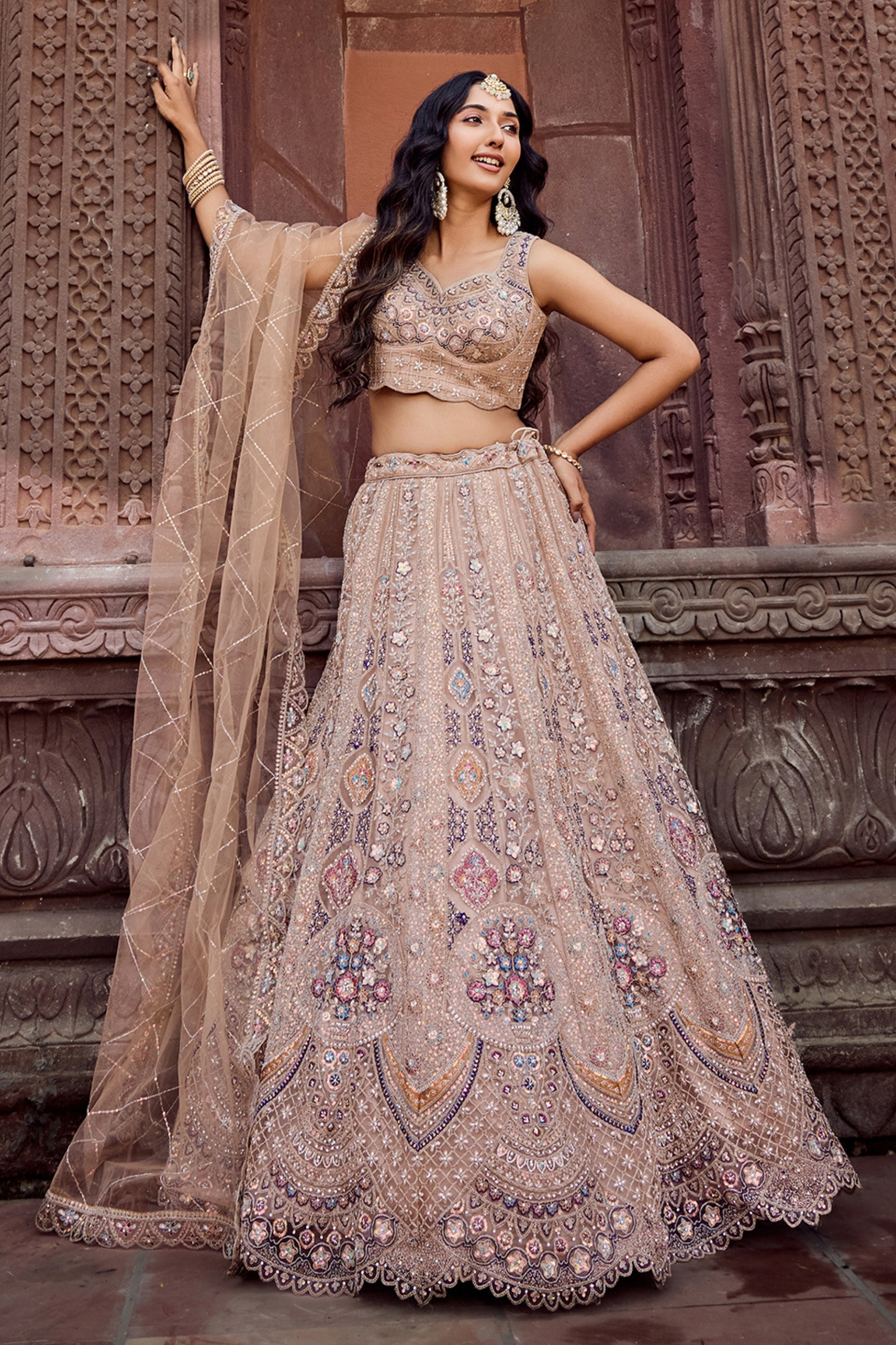 Designer Beige Net Embroidered Wedding Lehenga Choli with Heavy Sequins and Thread Work