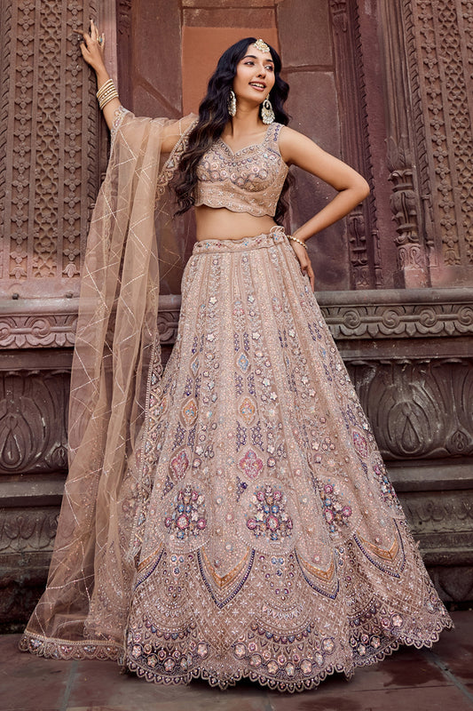 Designer Beige Net Embroidered Wedding Lehenga Choli with Heavy Sequins and Thread Work