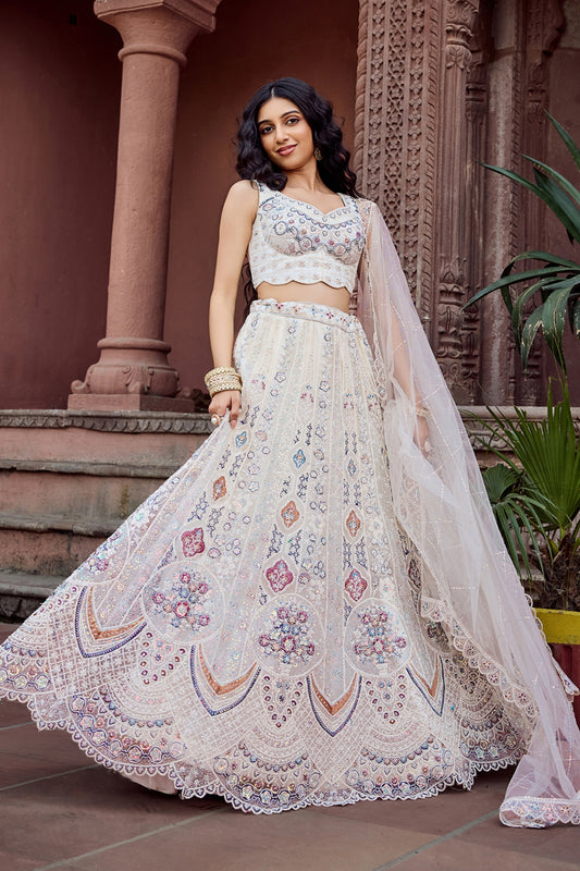 Trendy Cream Net Embroidered Wedding Lehenga Choli with Multicolor Thread and Sequins Work