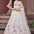Trendy Cream Net Embroidered Wedding Lehenga Choli with Multicolor Thread and Sequins Work