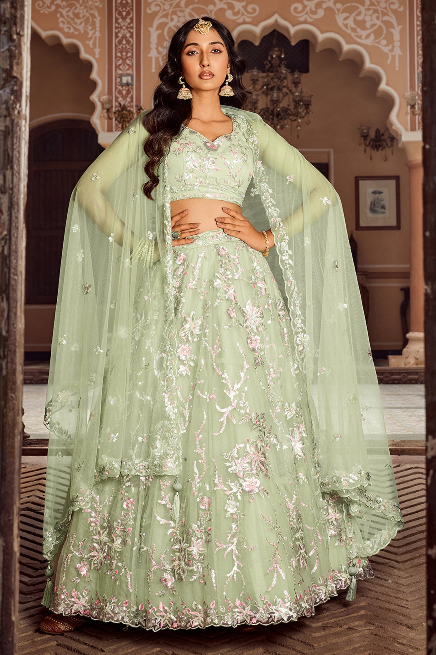 Dashing Lime Green Net Embroidered Wedding Lehenga Choli with Floral Thread and Sequins Work