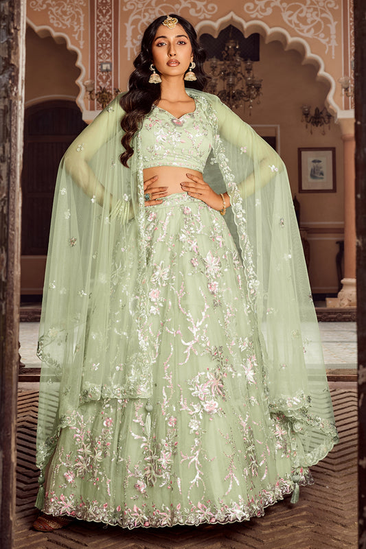 Dashing Lime Green Net Embroidered Wedding Lehenga Choli with Floral Thread and Sequins Work