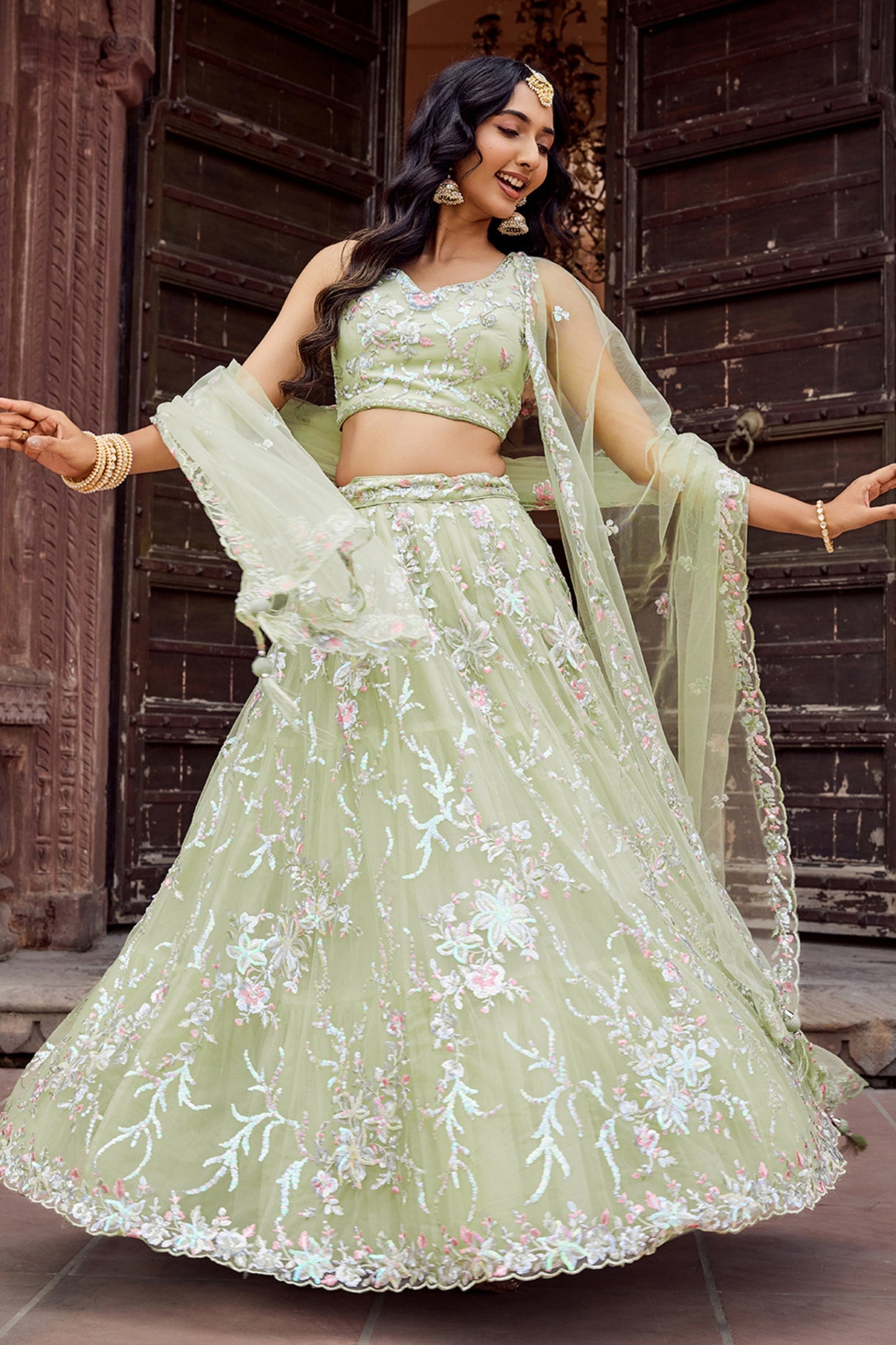 Dashing Lime Green Net Embroidered Wedding Lehenga Choli with Floral Thread and Sequins Work