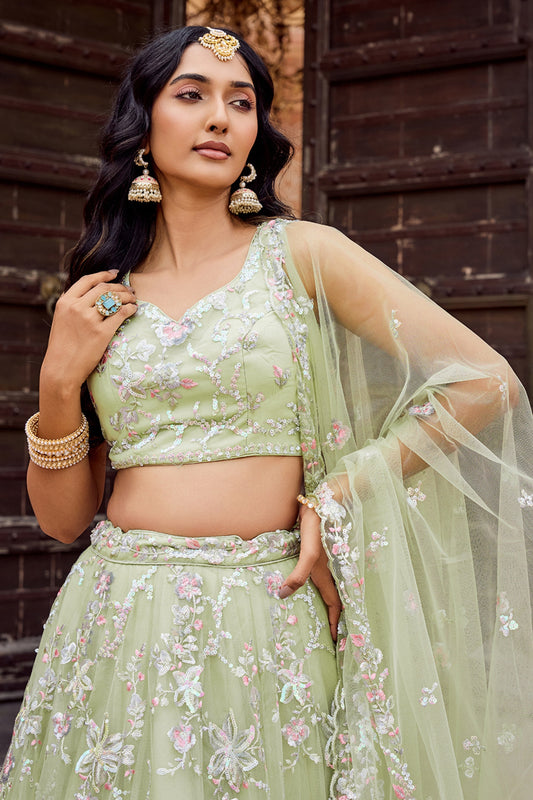 Dashing Lime Green Net Embroidered Wedding Lehenga Choli with Floral Thread and Sequins Work