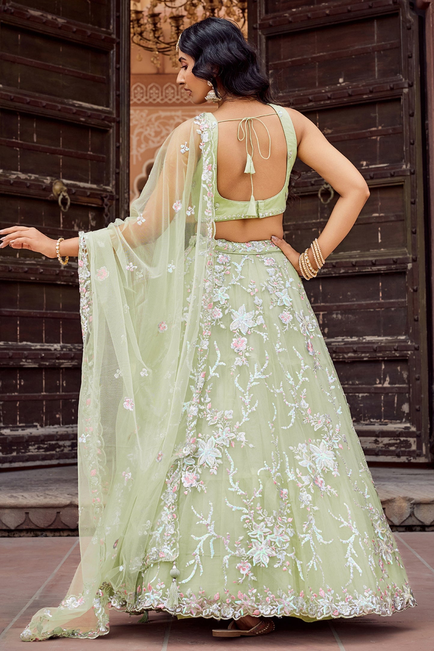 Dashing Lime Green Net Embroidered Wedding Lehenga Choli with Floral Thread and Sequins Work