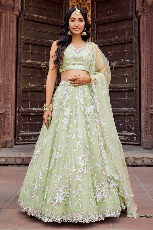 Dashing Lime Green Net Embroidered Wedding Lehenga Choli with Floral Thread and Sequins Work