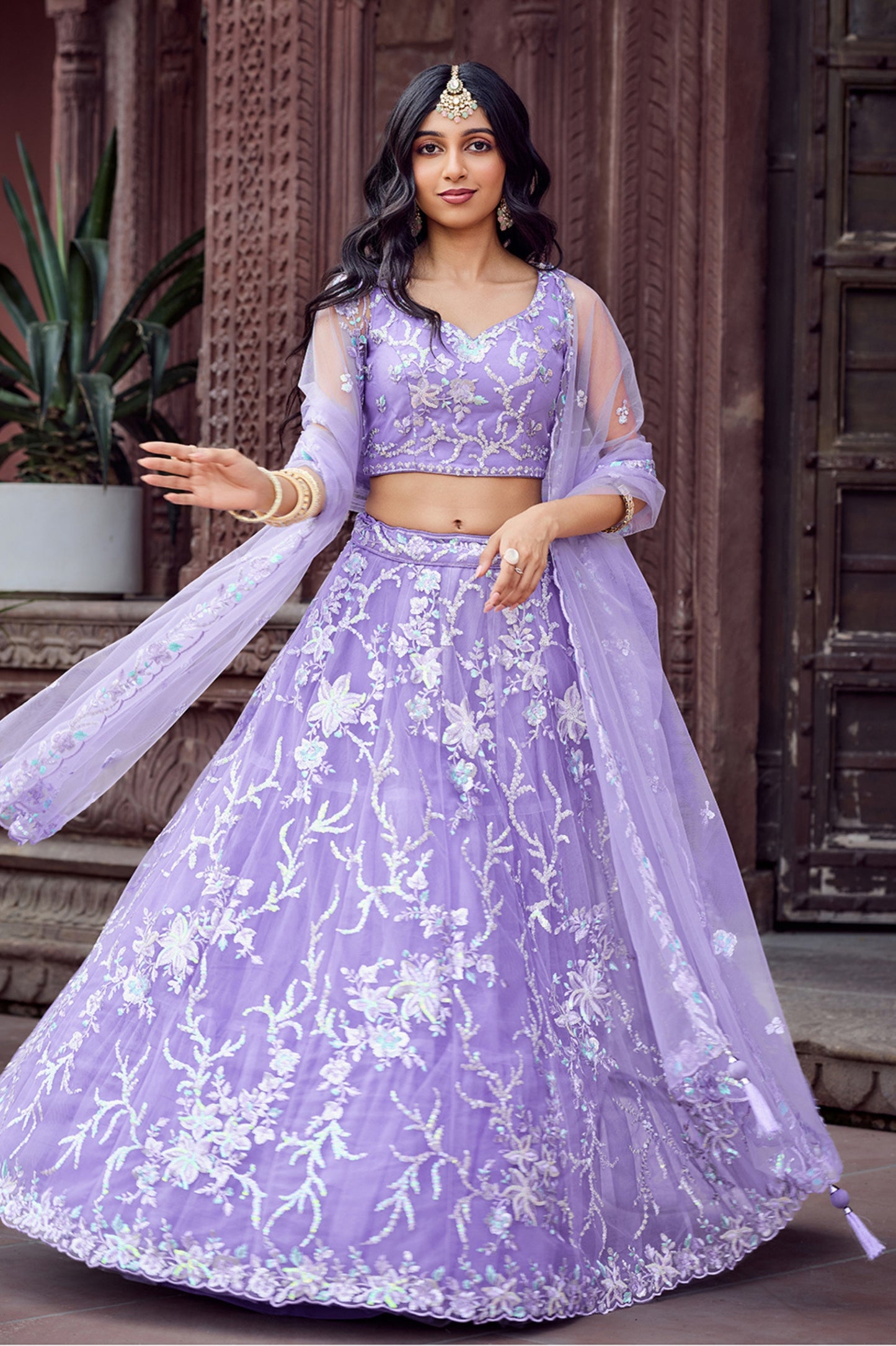 Lovely Lavender Net Embroidered Wedding Lehenga Choli with Floral Thread and Sequins Work