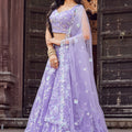 Lovely Lavender Net Embroidered Wedding Lehenga Choli with Floral Thread and Sequins Work