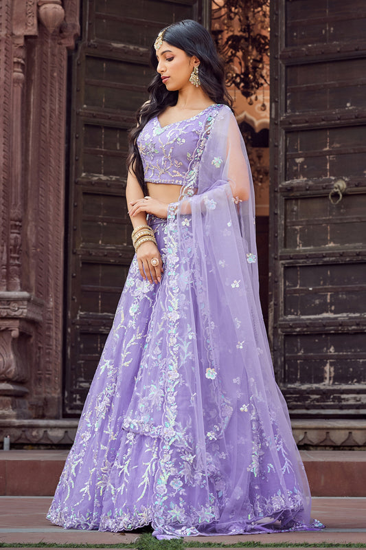 Lovely Lavender Net Embroidered Wedding Lehenga Choli with Floral Thread and Sequins Work