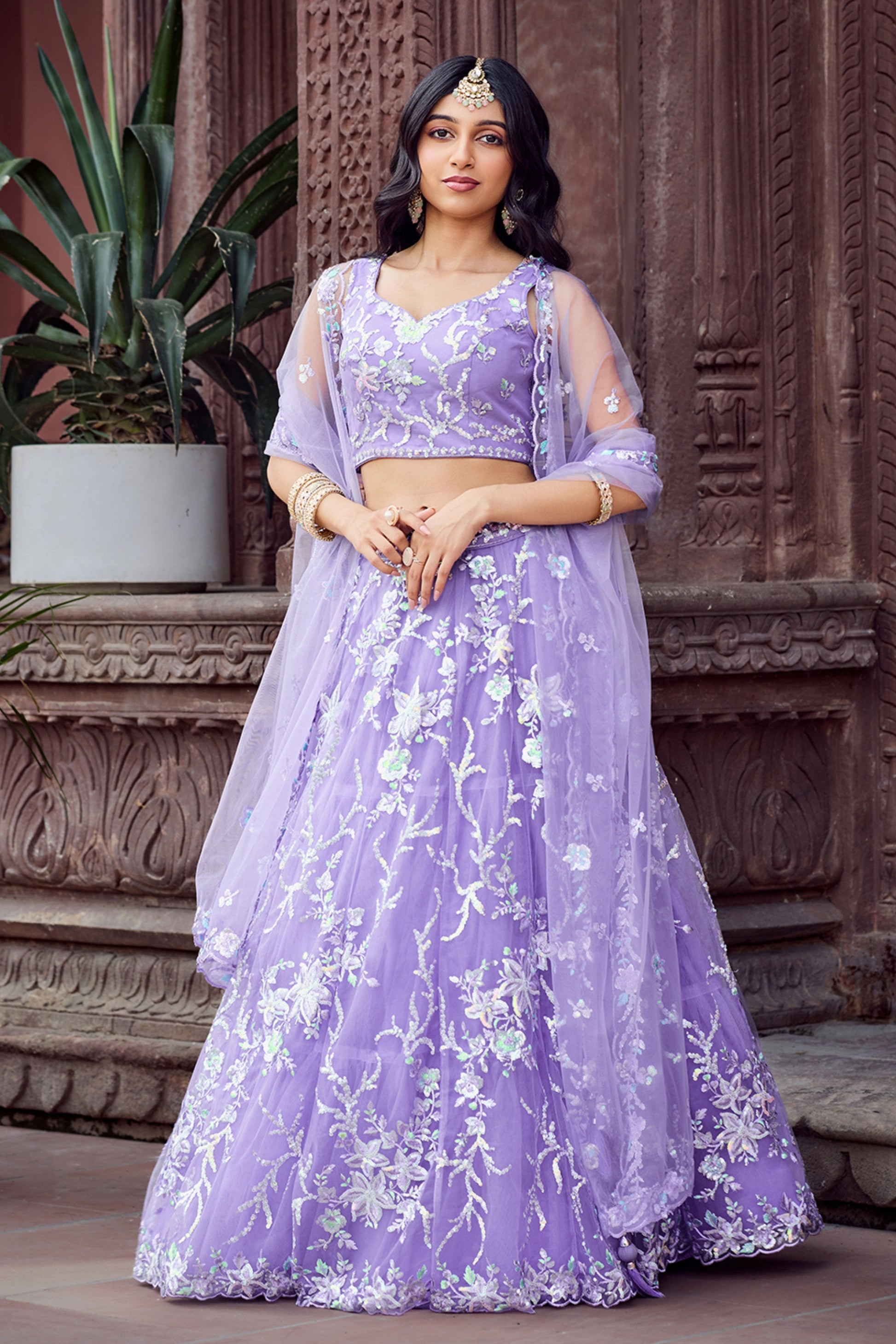 Lovely Lavender Net Embroidered Wedding Lehenga Choli with Floral Thread and Sequins Work