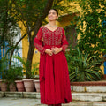 Graceful Maroon Faux Georgette Anarkali Suit with Matching Dupatta for Festive and Wedding