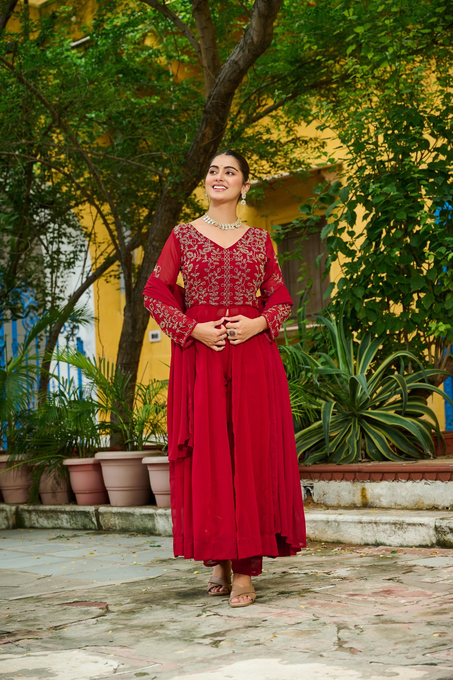 Graceful Maroon Faux Georgette Anarkali Suit with Matching Dupatta for Festive and Wedding