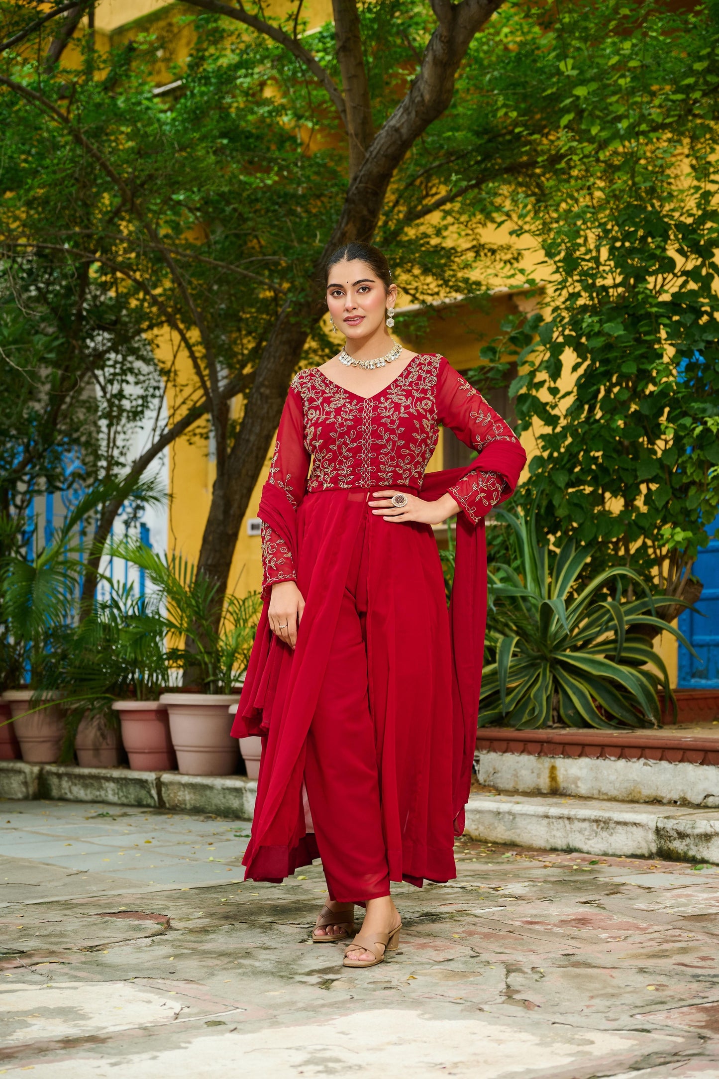 Graceful Maroon Faux Georgette Anarkali Suit with Matching Dupatta for Festive and Wedding