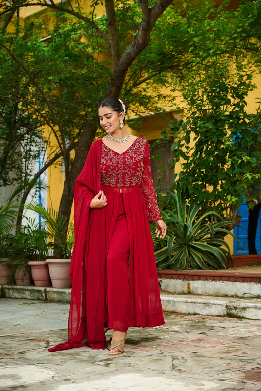 Graceful Maroon Faux Georgette Anarkali Suit with Matching Dupatta for Festive and Wedding