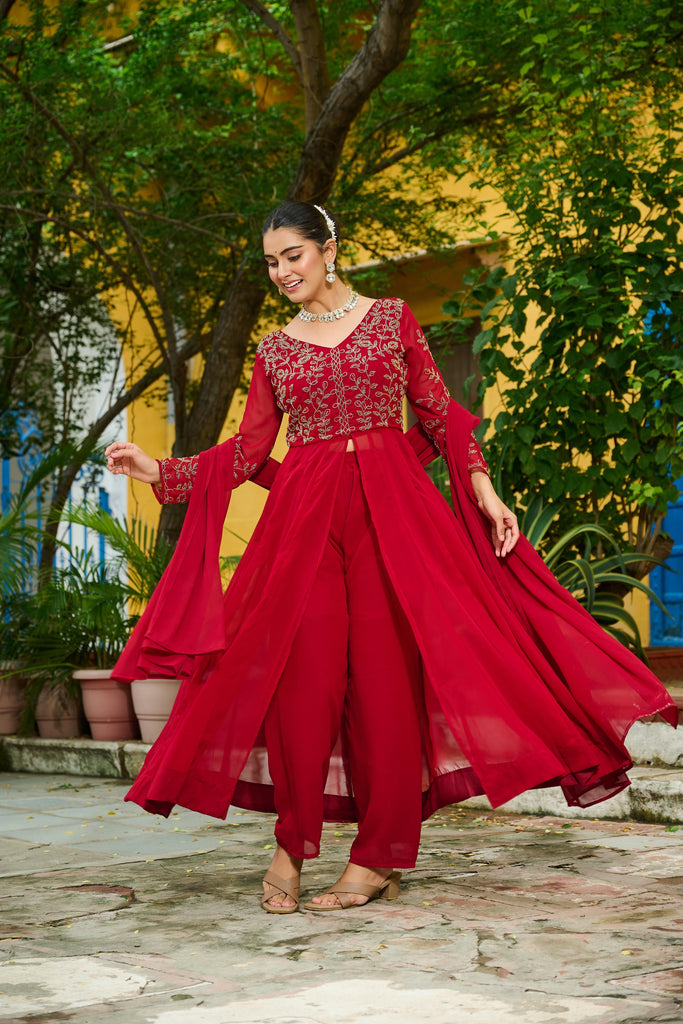 Graceful Maroon Faux Georgette Anarkali Suit with Matching Dupatta for Festive and Wedding