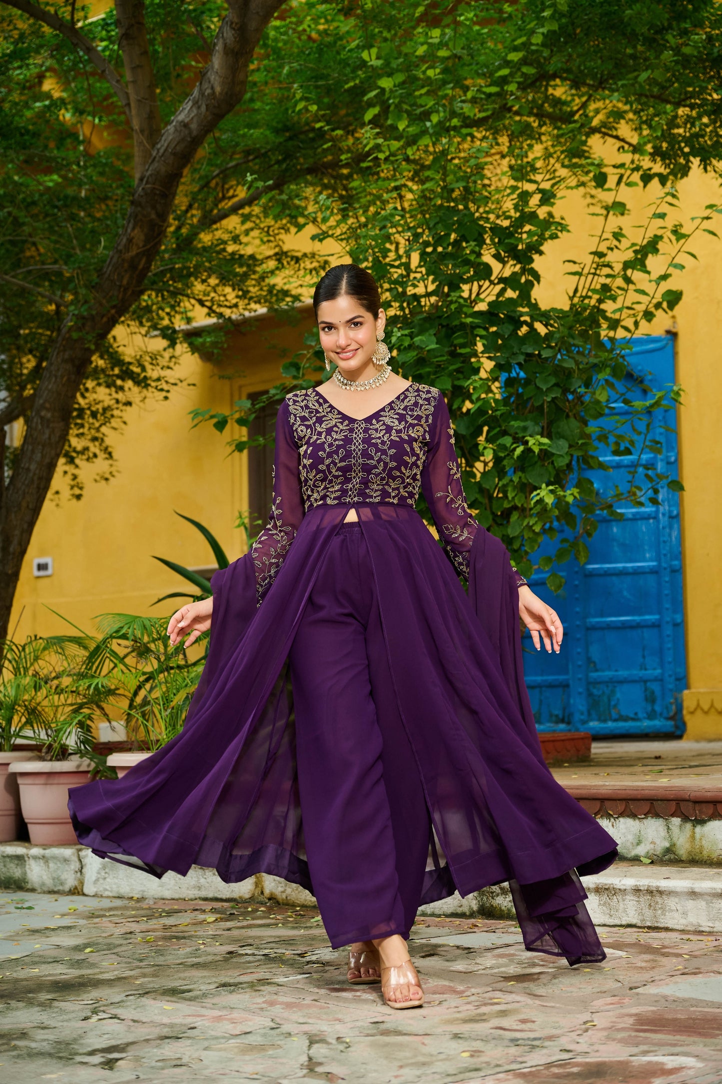 Elegant Wine Faux Georgette Embroidered Anarkali Suit with Matching Dupatta for Wedding and Festive Occasions