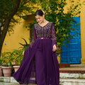 Elegant Wine Faux Georgette Embroidered Anarkali Suit with Matching Dupatta for Wedding and Festive Occasions